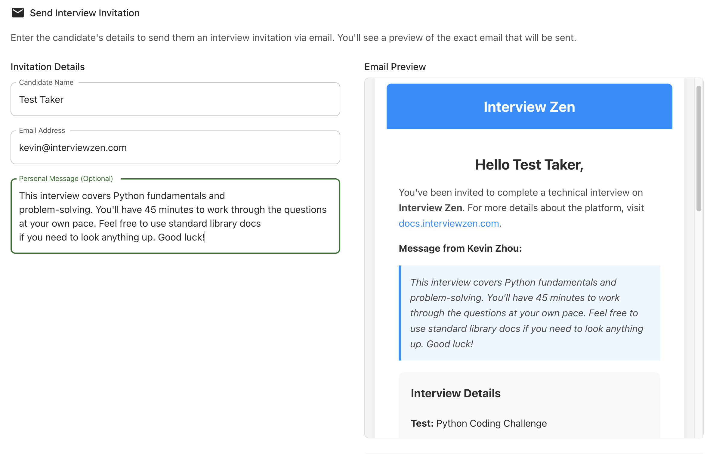 Invite candidate modal with email preview