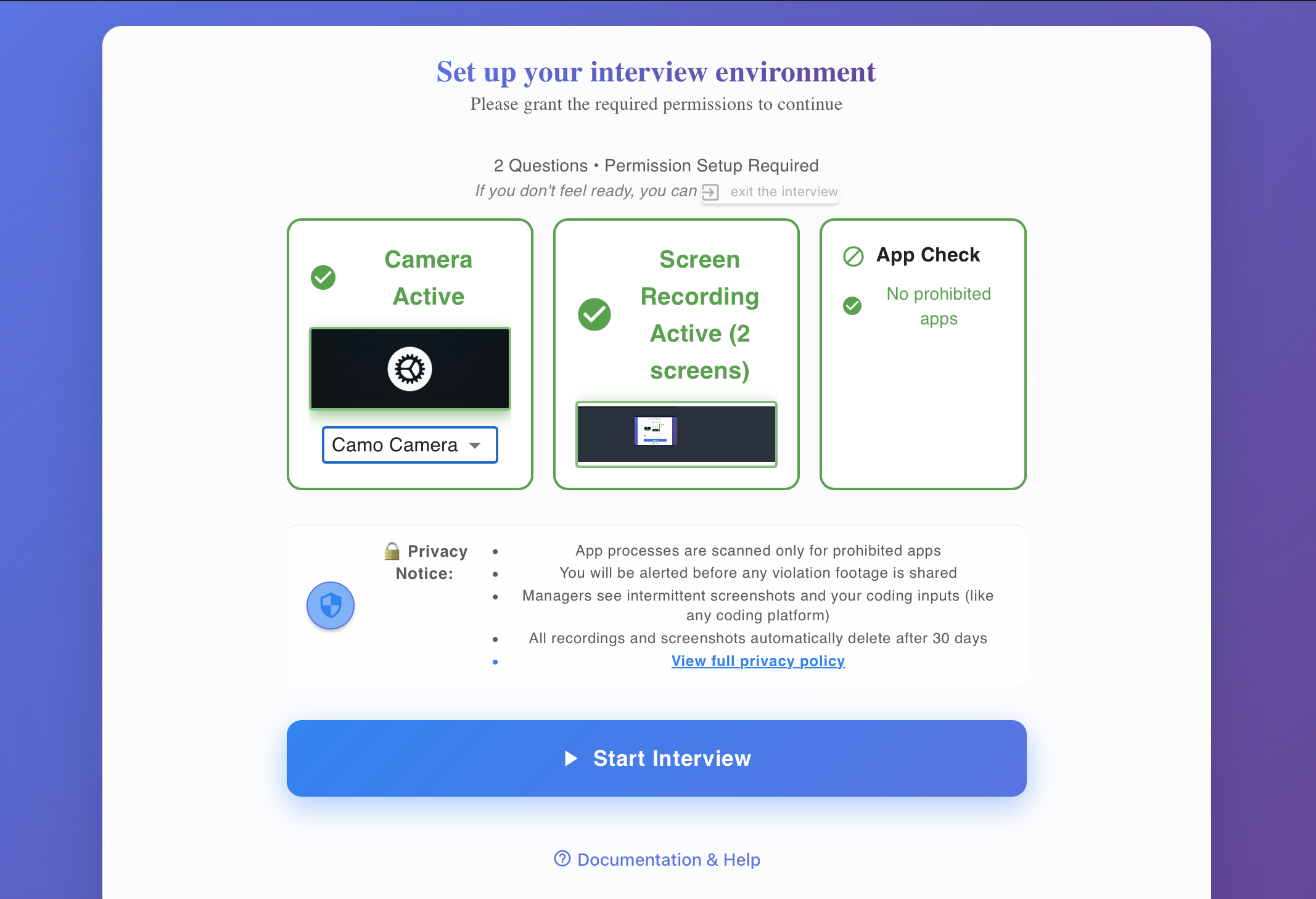 Permission setup showing camera, screen recording, and app check cards