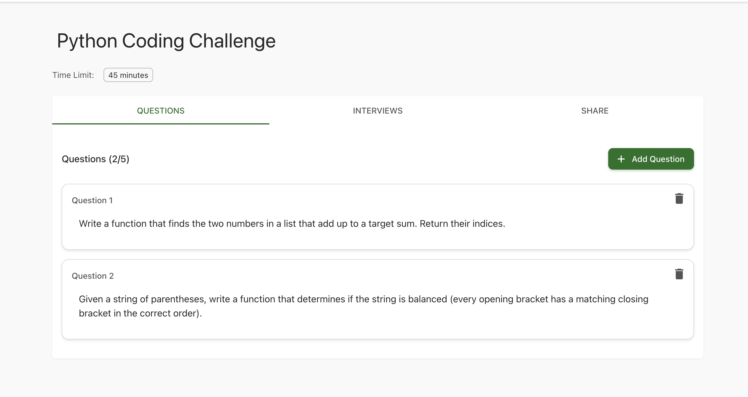 Test detail page showing questions